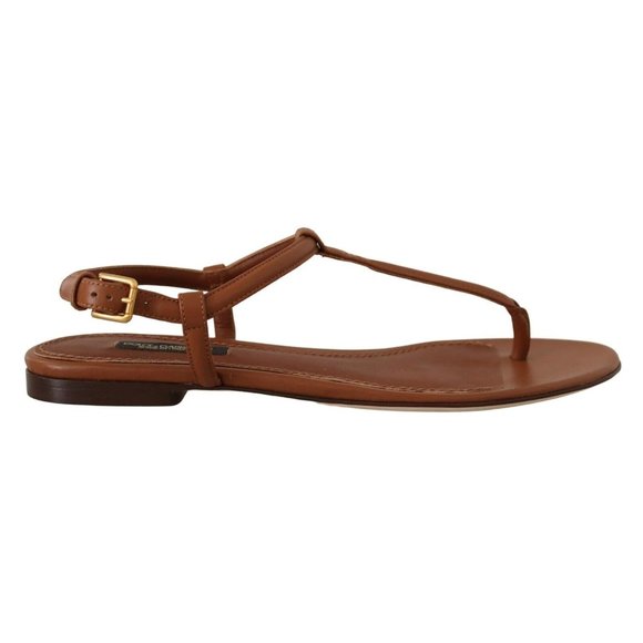 Dolce & Gabbana Brown Leather T-strap Slides Flats Sandals Shoes - Picture 1 of 7